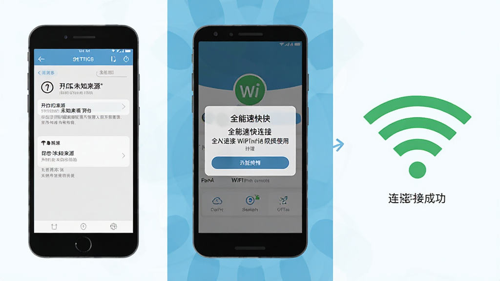 һ�ű���ȫ���ٿ�����WiFi��װʹ�ò����ʾ��ͼ�������Ϊ�������֣�������ֻ������п���δ֪��Դ��װ�Ľ��棬�м���ȫ���ٿ�����WiFi��Ȩ�����뵯�����ұ������ӳɹ����WiFi�ź�����ͼ�꣬������Ϊ��ƽ���廭����ɫ���£����ʸɾ����޶���Ԫ��