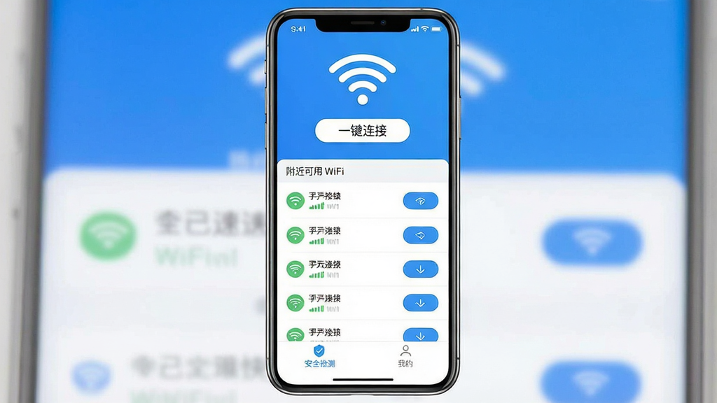 һ��չʾȫ���ٿ�����WiFi������������ֻ���ͼ���ͼƬ������������һ�������ֻ�����Ļ����ʾ��ȫ���ٿ�����WiFi�Ľ��棬��������Ŀ��WiFi�ź�ͼ��͡�һ�����ӡ���ť���м��Ǹ�������WiFi�б���ÿ��WiFi�����Ա����ź�ǿ�ȱ�ʶ�����Ӱ�ť���ײ��ǡ���ȫ��⡱�͡��ҵġ�������ǩҳ��������ɫ������ɫΪ���������ɾ��������������޶���Ԫ��