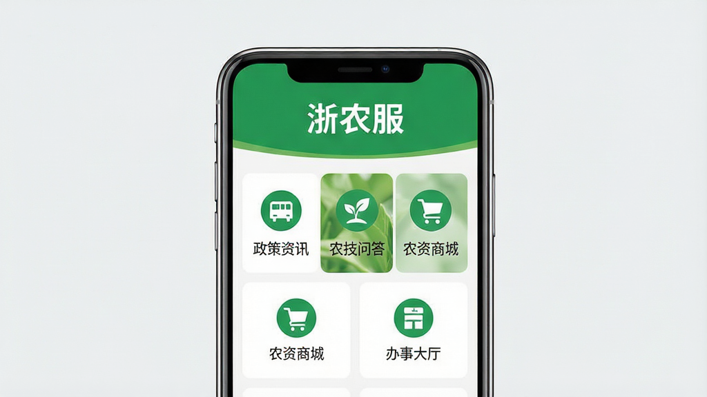 ��һ���ֻ�Ӧ���������չʾͼ������������һ���ִ������ֻ����ֻ���Ļ����ʾ�š���ũ����APP����ҳ���棬���涥������ɫ�ĺ��д�š���ũ�������·�������������Ѷ��ũ���ʴ�ũ���̳ǡ����´�����ͼ��ģ�飬ͼ����Ʊ�ƽ������ɫ����ɫ�Ͱ�ɫΪ���������Ǹɾ���ǳ��ɫ�������������죬�����������޶���Ԫ�ء�
