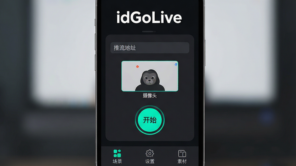 һ��չʾidGoLive������������ֻ���Ļ��ͼ���ͼƬ��������������ɫ������ֱ������������壬������ʾ��idGoLive����ɫ�Ӵ�Logo���м�����������������ַ���������ͷ����Ԥ��С���Ϳ�ʼֱ����Բ�ΰ�ť����ťΪ��Ŀ������ɫ���ײ��С������������á����زġ�����ͼ���ǩ�����岼�ּ������������ִ���ƽ����ϸ��Բ�󣬻��ʸɾ��޶���Ԫ��