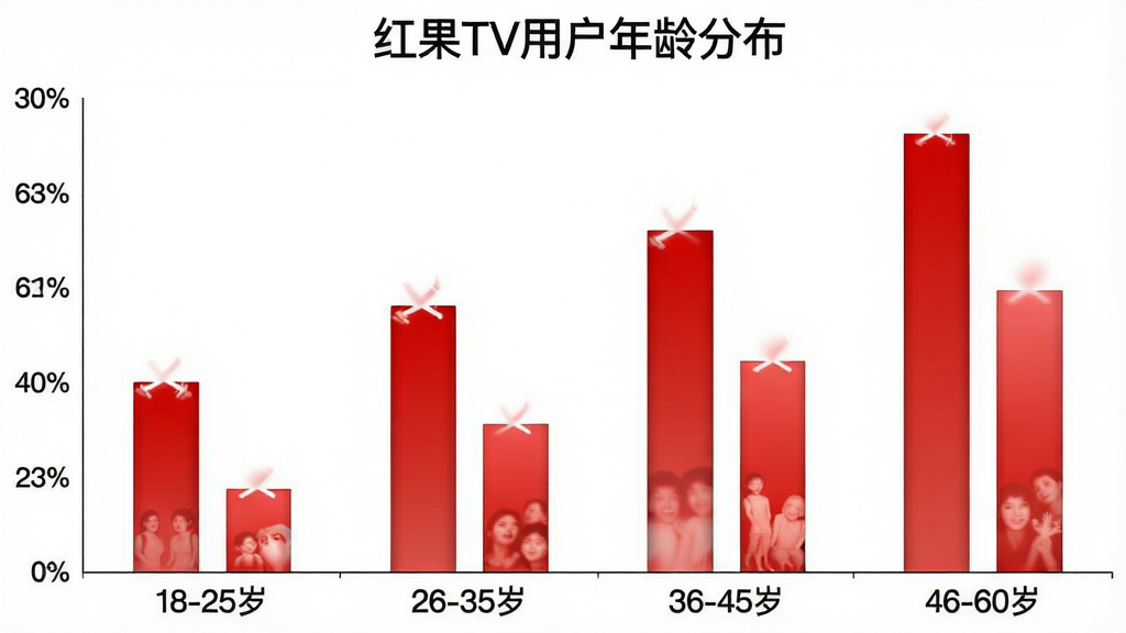 һ����״ͼչʾ���TV�û�����ֲ�������Ϊ��18-25�ꡱ��26-35�ꡱ��36-45�ꡱ��46-60�ꡱ�ĸ�����Σ�����Ϊ�û�ռ�Ȱٷֱȣ�������ɫΪ��ɫ���䣬ͼ������Ϊ�����TV�û�����ֲ�������������ݿ��ӻ������ʸɾ��޶���Ԫ��