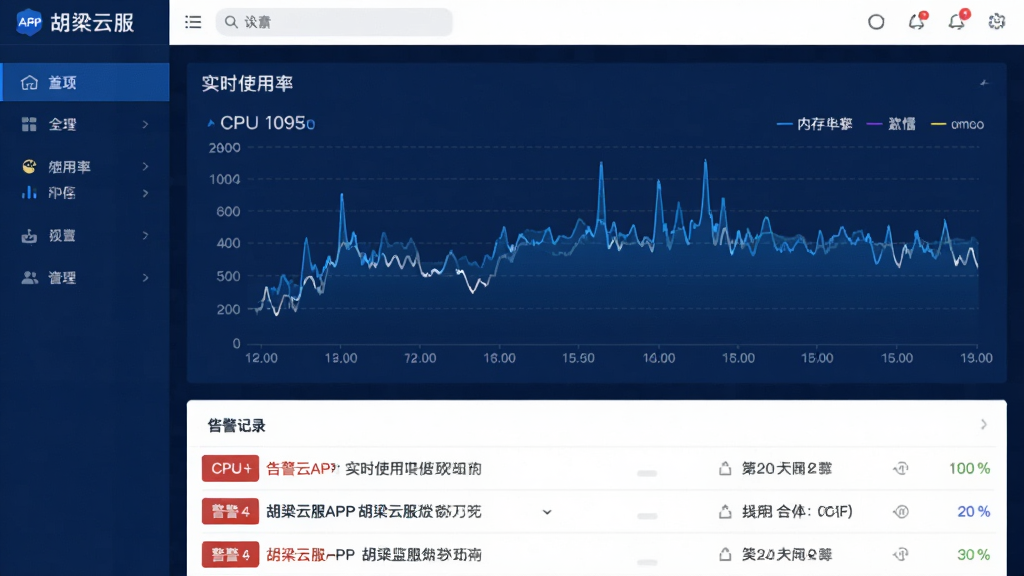 �����Ʒ�APP��ʵʱ��ؽ��棬��������������ͼչʾCPU���ڴ�ʹ���ʲ������·��Ǹ澯��¼�б���������ɫ�������Ͱ�ɫΪ�������ݿ��ӻ����������רҵ��࣬���ʸɾ��޶���Ԫ��