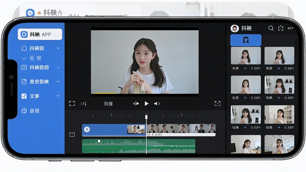 一张手机屏幕展示抖映剪辑软件主界面的图片,画面中央是抖映剪辑APP的剪辑时间轴和视频预览窗口,左侧是功能菜单栏,右侧是素材库缩略图,整体布局清晰,风格现代扁平化,蓝白配色为主,画质干净细腻,无多余元素