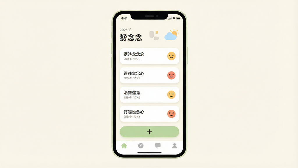 һ��չʾ�ֻ�Ӧ��������Ĳ廭������������һ�������ֻ�����Ļ����ʾ��Ϊ�������Ӧ�ý��棬���涥�������ں�����Сͼ�꣬�м��Ǽ��Ŀ�Ƭʽ��¼�б���ÿ�ſ�Ƭ���м�����ֺ�����С���飬�ײ��ǼӺż�¼��ť�ͱ�ǩ�������岼�ָɾ����׶࣬������±�ƽ����ɫ�����װ׺�ǳ��Ϊ����ϸ��Բ����ͣ����������ɾ����޶���װ��Ԫ��