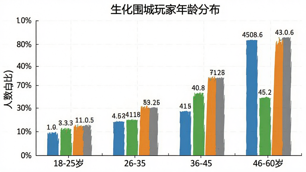 柱状图展示生化围城玩家年龄分布,横轴为年龄段18-25岁、26-35岁、36-45岁、46-60岁,纵轴为人数占比百分比,柱状颜色分别为蓝色、绿色、橙色、灰色,图表标题为“生化围城玩家年龄分布”,风格为简洁数据可视化图表,细节包含清晰的坐标轴刻度和百分比数值标签,画质干净无多余元素