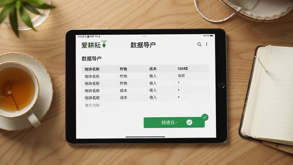 一部平板电脑放在木质桌面上,屏幕显示“爱耕耘”的数据导出界面,表格中列有地块名称、作物、成本、收入等字段,旁边有一杯茶和一本打开的笔记本。布局为俯拍视角,平板居中。风格为生活化办公场景。细节包括屏幕上的导出按钮和绿色对勾图标,画质清晰,光线柔和,无多余杂物。