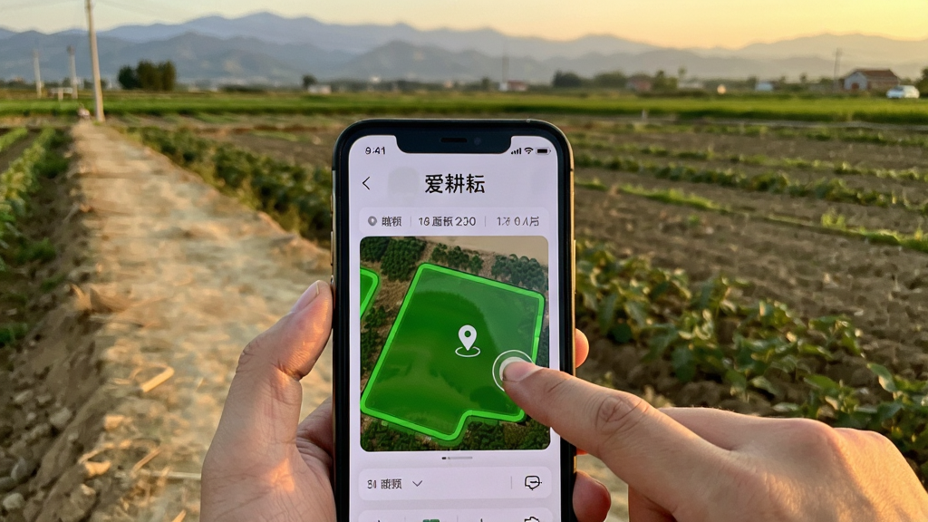 手拿手机站在田埂上,屏幕显示“爱耕耘”的地块地图界面,绿色地块边界清晰,背景是真实的农田和远山。布局为第一人称视角,手机位于画面下方三分之一处。风格为写实农业场景。细节包括屏幕上的定位图标和面积数字,手指正点击地块边缘,画质自然,光线为傍晚暖色调,无多余元素。