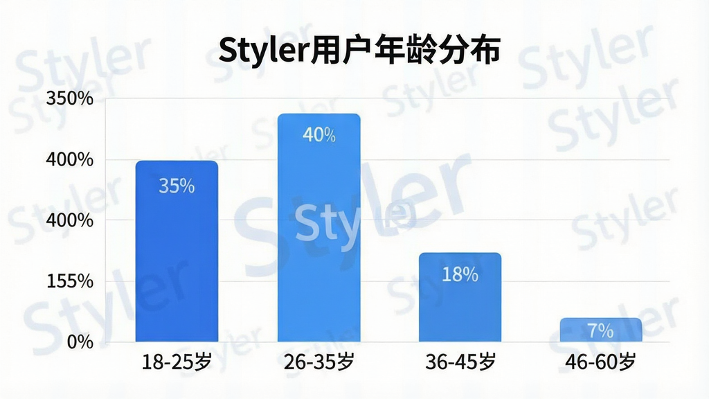 һ����״ͼ��Ϣͼ������Ϊ��Styler�û�����ֲ����������ע����Ρ�18-25�ꡱ��26-35�ꡱ��36-45�ꡱ��46-60�ꡱ�������ע�ٷֱȣ����ӷֱ���ʾԼ35%��40%��18%��7%�ı�����ͼ��������ִ�����ɫ����ɫϵΪ�������С�Styler������ˮӡ�����ʸɾ�������