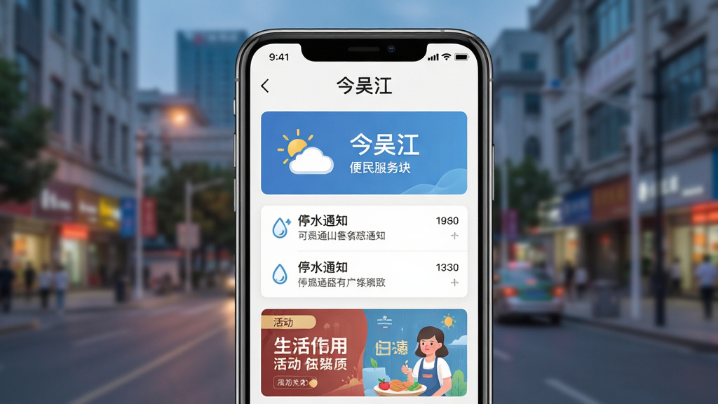 一张生活服务信息展示图,手机界面显示“今吴江”的便民服务板块,包含天气图标、停水通知列表和活动海报,背景为城市街景虚化,风格清新,布局规整,画质干净