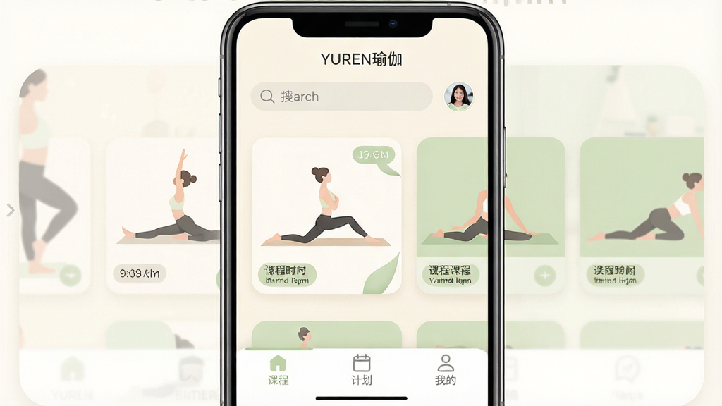 һ��չʾYUREN�٤Ӧ����������ֻ���ͼ�������������ֻ���Ļ����Ļ����ʾ��YUREN�٤��App����ҳ�����������������û�ͷ���м��Ǻ��򻬶��Ŀγ̿�Ƭ���򣬿�Ƭ��ӡ���٤��ʽʾ��ͼ�Ϳγ�ʱ����ǩ���ײ�Ϊ�γ̡��ƻ����ҵ���������ѡ���������ɫ����͵��װ׺�ǳ��ɫΪ����������¼�Լ��ϸ��Բ�󣬻��ʸɾ��������޶���Ԫ��