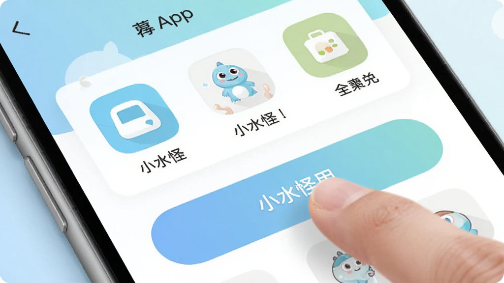 ��Сˮ�֡�App������дͼ��չʾ�����湦�ܲ��֣�ͼ������ֱ�ǩ�����ɼ��������������죬��ɫ��ͣ���ָ���ڵ������һ�����ܰ�ť������ɾ����࣬ͻ��������