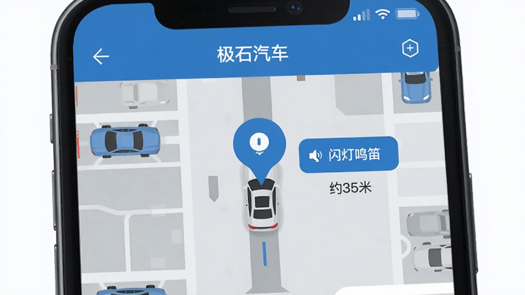 �ֻ���Ļ��ʾ����ʯ������AppѰ�����ܽ��棬��������Ϊ����ͣ�������ӵ�ͼ��һ����ɫ��λ���ݱ�ע����λ�ã��������С��������ѡ���ť�;�����ʾ��Լ35�ס�����ͼ������ƽ����ɫΪ���Ұ���ɫ�����������ɾ���������Ԫ��