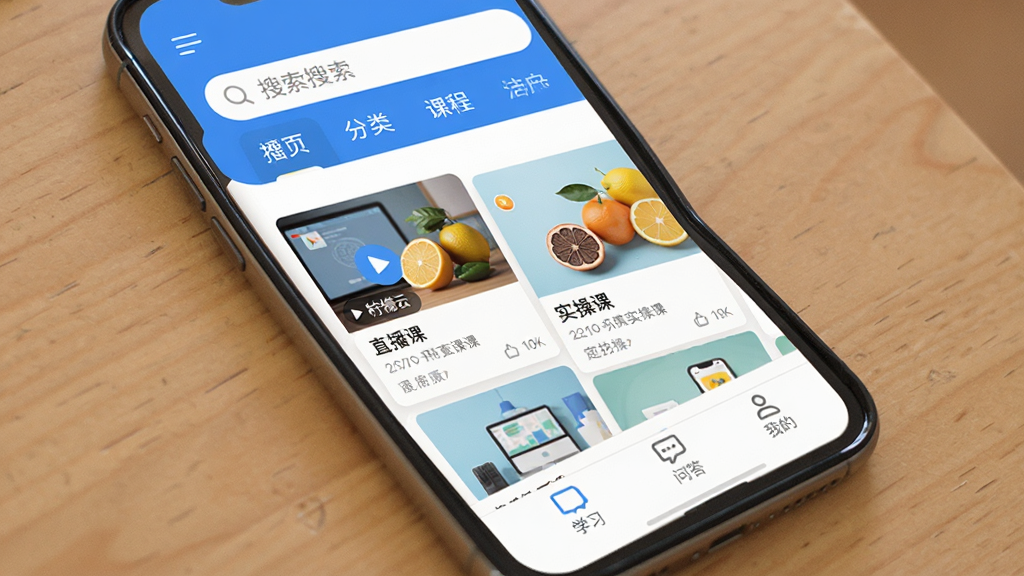 �����ƿ���APP������ȫòչʾ���ֻ���Ļ�г��ּ��Ŀγ��б�ҳ�棬������������ͷ����ǩ���м���ֱ������ʵ�ٿ��Ƽ���Ƭ���ײ�Ϊѧϰ���ʴ��ҵ�����������ť�����岼������������ִ���ƽ��������ɫΪ�������ʸɾ��޶���Ԫ�أ�����������