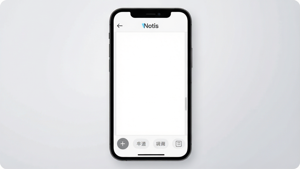 һ���ֻ���ĻչʾNotis�ʼ������������ͼƬ�����������Ǽ��İ�ɫ�ʼǱ༭ҳ�棬������Notis�����ͷ��ؼ�ͷ���ײ��мӺ��½���ť�ͷ����ǩ�������岼�ָɾ���ˬ��������ǳ��ɫ���䣬����ִ���ƽ����ϸ��Բ�󣬻����������ɾ��޶���Ԫ��