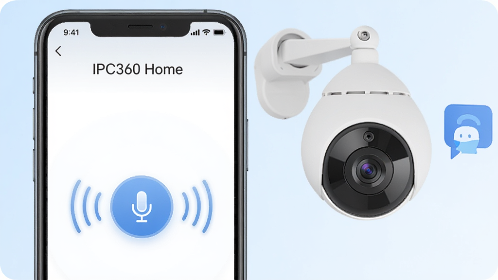 �������һ���ֻ���Ļ��ʾIPC360 Home˫�������Խ����棬����������һ����Ŀ��Բ����˷簴ť����ť��Χ������������ɢЧ�����ֻ��Ҳ�������һ�������μ������ͷ������ͷ�Ա��жԻ�����ͼ�꣬����Ϊ����ɫ���䣬���������ִ������ʸɾ�ͨ͸��������Ԫ��