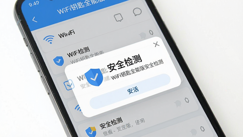 һ��չʾWiFiԿ��ȫ�ܰ氲ȫ��⹦�ܵ�ͼƬ�������������ֻ���Ļ����Ļ����ʾWiFiԿ��ȫ�ܰ�APP������ȫ��ʾ�������������ж���ͼ��͡���ȫ��⡱������֣�������WiFi�б�ҳ�档���Ϊ��ƽ����ƣ���ɫ����ɫ�Ͱ�ɫΪ����ϸ�ڸɾ����䣬�����������޶���װ��Ԫ�ء�