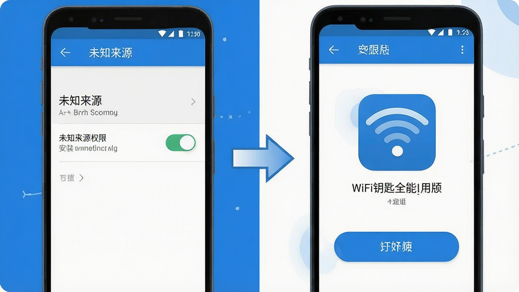һ��չʾWiFiԿ��ȫ�ܰ氲װȨ�����ò����ͼƬ�����������ǰ�׿�ֻ���Ļ�����Աȣ������ʾ��δ֪��Դ��Ȩ�޿��ؽ��棬�Ҳ���ʾWiFiԿ��ȫ�ܰ�APP�ɹ���װ���ͼ��ʹ򿪰�ť���м��м�ͷָʾ�����Ϊ��ƽ����Ϣͼ�����ɫ����Ϊ�������ֱ�ע���������ʸɾ����޶���Ԫ�ء�