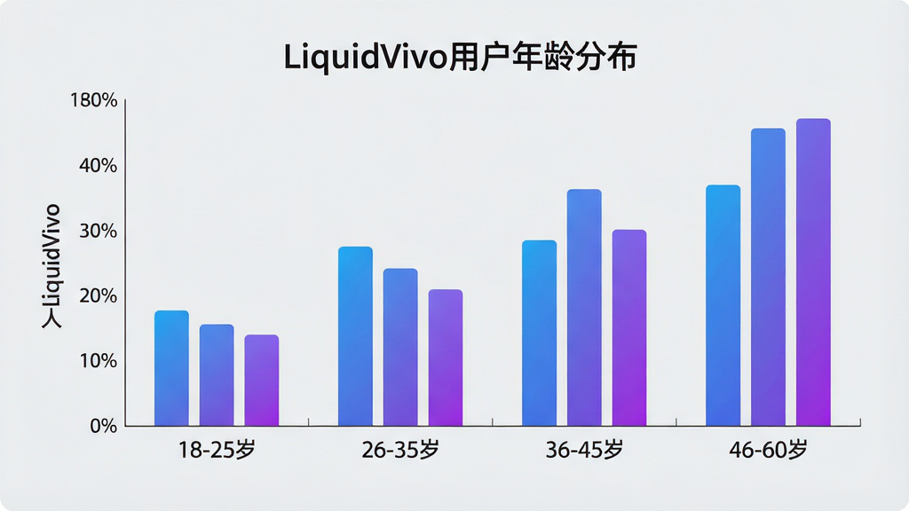 һ��չʾLiquidVivo�û�����ֲ�����״ͼ�����������Ǽ�������ͼ���������ע����Ρ�18-25�ꡱ��26-35�ꡱ��36-45�ꡱ��46-60�ꡱ������Ϊ����ռ�Ȱٷֱȣ���״��ʹ�����Ͻ���ɫ�����־��С�ͼ��ռ�ݻ�����Ҫ���򣬷���ִ���ƽ����Ϣͼ��ϸ������״���߶������ɱ桢�������ǩ�׶�������Ϊǳ��ɫ�����ʸ���ɾ��޶���Ԫ�أ�ͼƬ�пɴ��С�LiquidVivo�����ֱ�ʶ