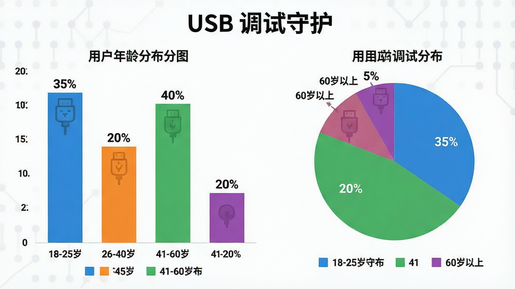 һ����״ͼ���״ͼ��ϵ���Ϣͼ�廭��չʾ��USB �����ػ����û�����ֲ���18-25��ռ35%��26-40��ռ40%��41-60��ռ20%��60������ռ5%��ͼ����ɫΪ����������ɫ������Ϊ�����״ͼ�Ҳ��״ͼ�����Ϊ������ݿ��ӻ���ϸ�ڰ��������İٷֱȱ�ǩ��ͼ�������ʸɾ������ұ�����