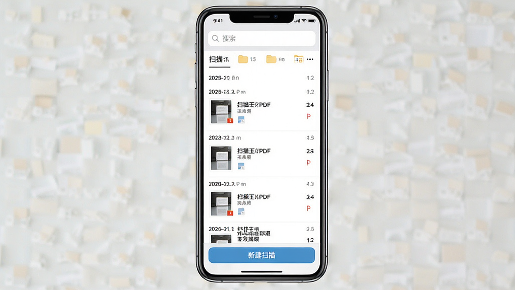 һ���ֻ���Ļչʾɨ����PDF���ļ��������棬�б��а����������Ŷ��ɨ���ĵ���ÿ���ĵ�������ͼ���ļ�����ҳ����ע����������������ļ��з����ǩ���ײ��С��½�ɨ�衱��ť��������ִ���ƽ�������ʸɾ��������޶���Ԫ��