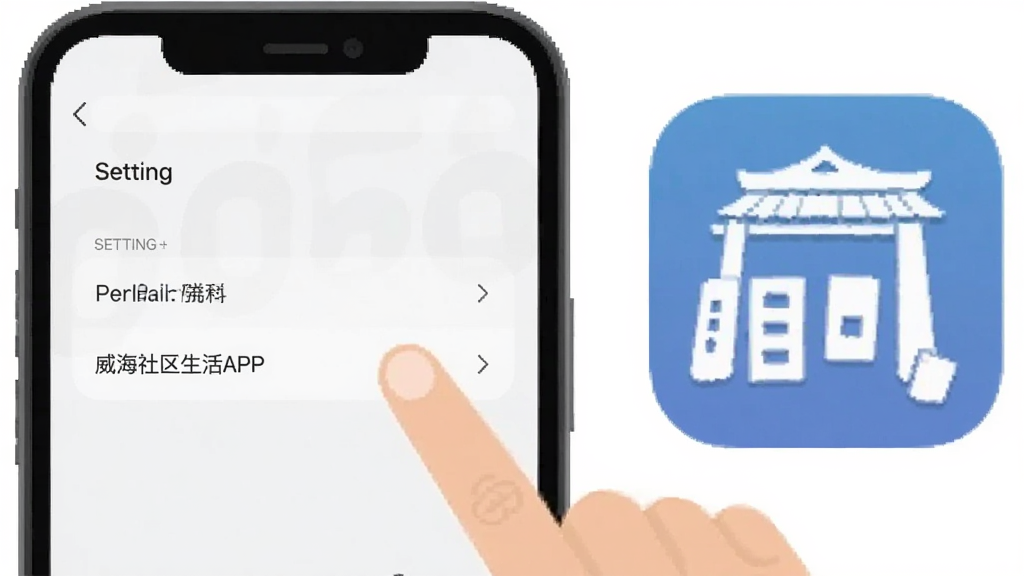 一张展示手机设置界面的示意图,画面中手指正在点击权限管理选项,旁边有威海社区生活APP图标,背景简洁,风格扁平,画质清晰,无多余元素