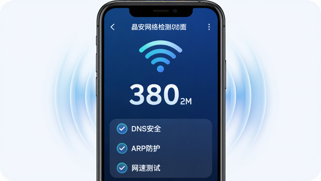 ���������⹦�ܽ��棬����Ϊ�ֻ���Ļ��ʾWiFi�ź�ͼ������簲ȫ���֣�����������������������չʾ���·��г������Ŀ��DNS��ȫ��ARP���������ٲ��ԣ����Ű���жԳƣ����Ϊ�Ƽ�����ɫ����ϸ�����źŲ����н���Ч�����������Թ�ͼ�꣬���������ɾ������ұ���