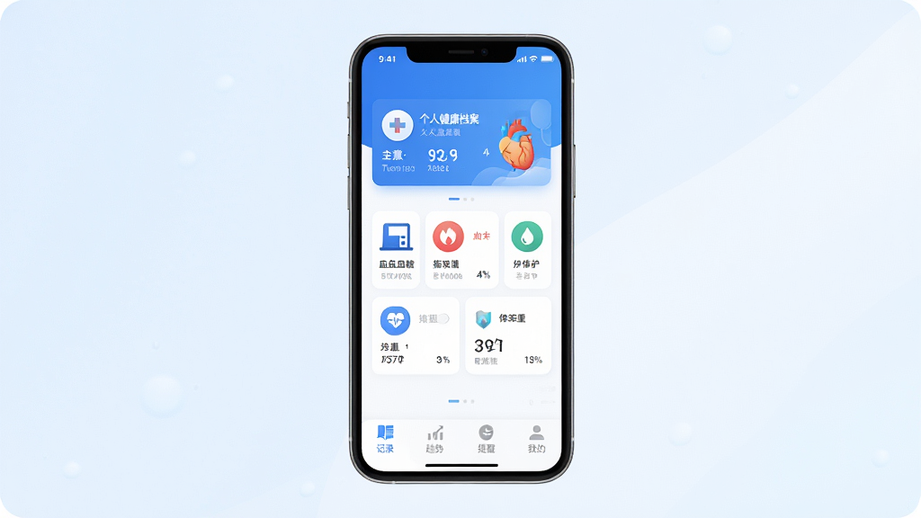 ��������������App������ȫòչʾ���ֻ���Ļ������ʾ������������Ϊ��ɫ���������Ǹ��˽���������Ƭ���м�����ѪѹѪ�����ص�ָ���¼ͼ�꣬�ײ�Ϊ��¼�����ơ����ѡ��ҵ��ĸ�ѡ��������Ǹɾ���ǳɫ���䣬����ִ���ƽ�����������ɾ��޶���Ԫ��