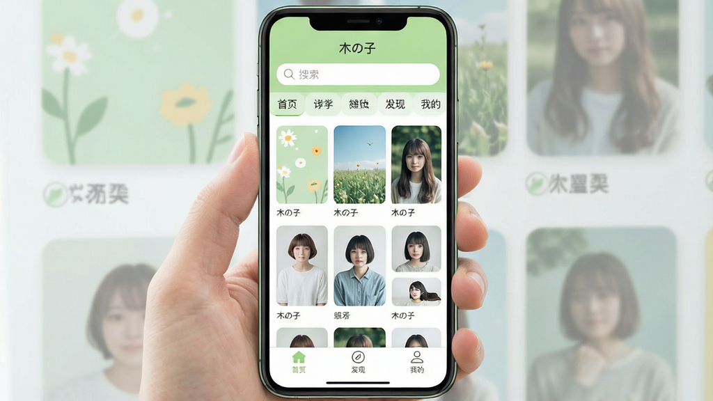 一张手机应用界面展示图,画面中央是名为“木の子”的软件主界面,采用简洁的卡片式布局,顶部显示搜索框和分类标签,中间是网格状排列的壁纸和头像预览图,底部有首页、发现、我的三个导航按钮,整体风格清新明亮,以浅绿色和白色为主色调,界面干净整洁,无广告弹窗,画质清晰,无多余元素