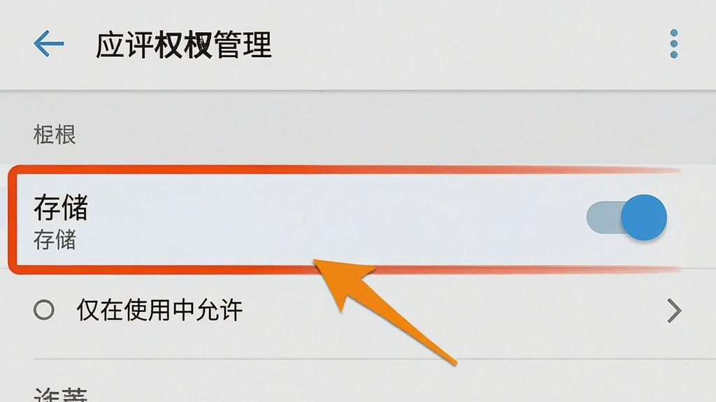 一张手机设置界面的截图示意图,画面中展示安卓系统的应用权限管理页面,高亮标注出“存储”权限开关,旁边有箭头指向“仅在使用中允许”选项,界面风格为原生安卓设置页,清晰直观,画质干净,无多余元素