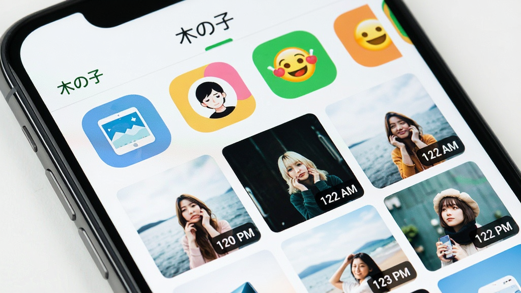 一张手机屏幕特写图,展示“木の子”软件的分类浏览界面,画面中可以看到壁纸、头像、表情包等分类标签以彩色圆角图标形式排列,下方是瀑布流式的图片预览,每张图片右下角标注着屏幕比例,界面风格清爽,以白色背景搭配绿色点缀,画质干净,无多余元素