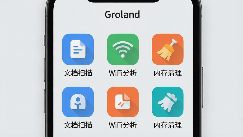 一张Groland应用功能界面截图风格图片,画面展示手机屏幕内排列整齐的方形功能图标,每个图标下方有中文名称,如“文档扫描”、“WiFi分析”、“内存清理”,背景为浅灰色,界面顶部有“Groland”字样,整体布局清晰,文字标签明确,风格现代扁平,细节圆润,画质干净无多余元素。