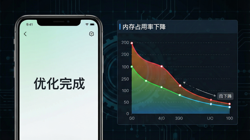 一张Groland性能优化示意图,画面左侧是手机界面显示“优化完成”字样,右侧是彩色数据图表,展示内存占用率下降曲线,背景为深色科技感网格,整体风格专业,细节清晰,画质干净无多余元素。