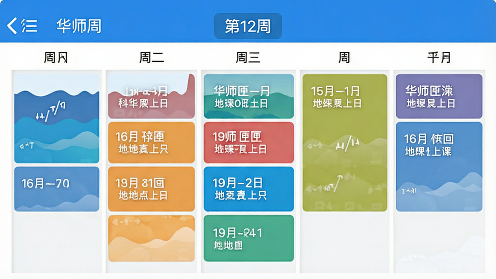 一张“华师匣子”APP内课表功能的手机截图,布局为周视图样式,周一至周五课程以不同颜色的色块标注,清晰显示课程名称与上课地点,顶部有“第12周”的标签,整体风格简洁明快,以蓝白为主色调,细节上字体清晰,画质干净,无多余元素。