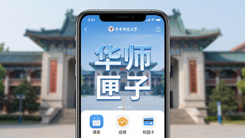 主体为一部亮屏的智能手机,屏幕正中显示“华师匣子”四个大字的APP界面,界面风格简洁清新,采用蓝色和白色主色调,背景是虚化的华中师范大学标志性校园建筑。布局为手机居中,屏幕内容清晰可见,排版干净。风格为现代扁平化UI设计展示图,细节包括屏幕上的功能图标如“课表”、“成绩”、“校园卡”,画质高清干净,无多余元素。