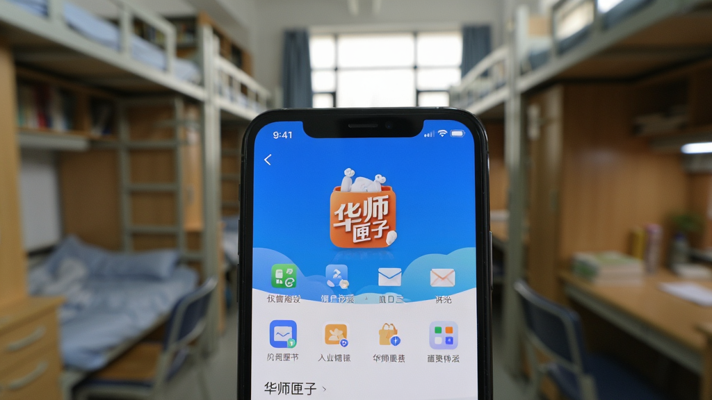 一张“华师匣子”APP在手机桌面上运行的实拍图,主体是手机屏幕,屏幕中显示APP主界面,背景是模糊的大学宿舍或图书馆环境,布局为手机位于画面中心偏下,排版自然,风格写实,细节上能看到屏幕内的功能图标,画质清晰,背景干净,无多余元素。