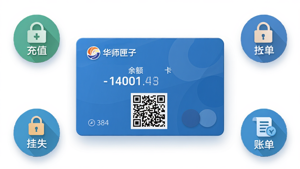 一张“华师匣子”APP校园卡功能界面图,主体为一张蓝色的校园卡卡片模型,卡片上显示余额数字与二维码,周围环绕着“充值”、“挂失”、“账单”三个圆形图标。布局居中,风格扁平化设计,细节带有细腻的阴影效果,画质清晰,背景干净,无多余元素。
