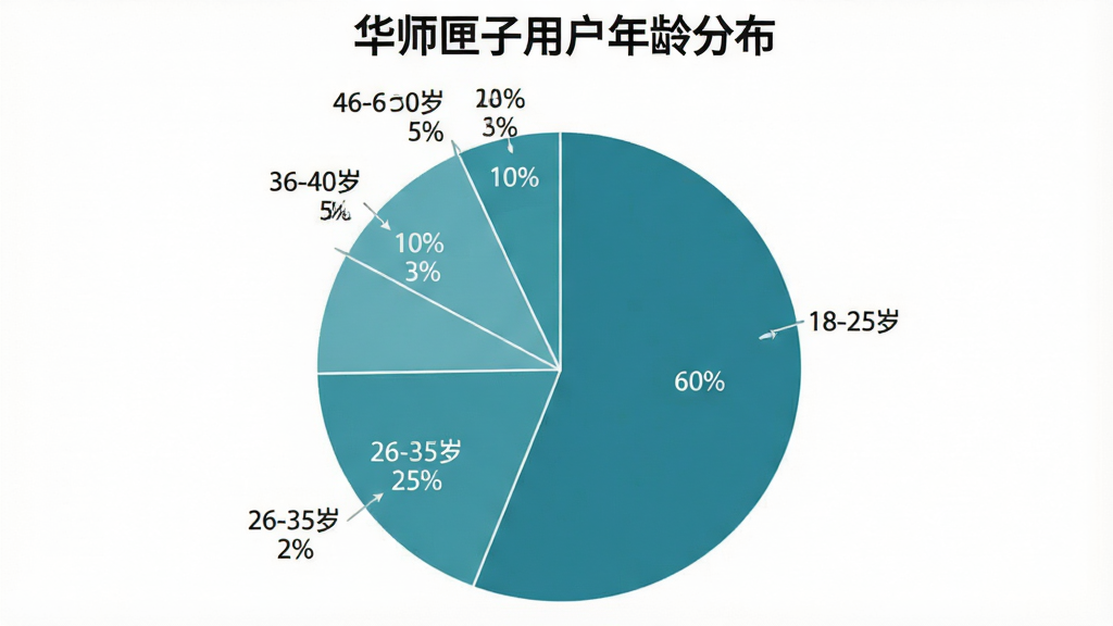 一张数据饼状图,主题为“华师匣子用户年龄分布”,图中显示18-25岁占60%,26-35岁占25%,36-45岁占10%,46-60岁占5%,配色为蓝绿色系,布局简洁,排版清晰,风格为现代商务图表风,细节带有百分比标签,画质干净,无多余元素。