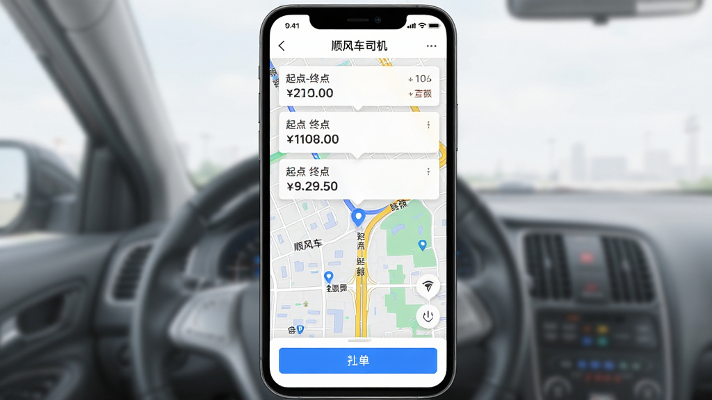 图片主体为“顺风车司机”APP的接单面板截图,地图占屏幕百分之七十,上方悬浮着三个白色订单卡片,卡片上有“起点-终点”和金额,底部有蓝色“抢单”按钮。布局为手机竖屏全屏展示,排版整洁,风格简洁明亮,细节包含道路名称和距离标记,画质干净。
