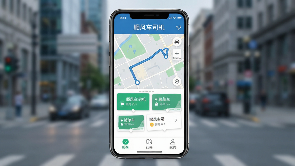 图片主体为一部智能手机屏幕特写,屏幕内显示“顺风车司机”APP的主界面,上方有“顺风车司机”字样,中部是地图路线和几个接单卡片,底部有“接单”“行程”“我的”三个图标。布局采用手机居中构图,平视角度,背景为模糊的城市街道。风格现代扁平,细节清晰,画质干净,无多余元素。