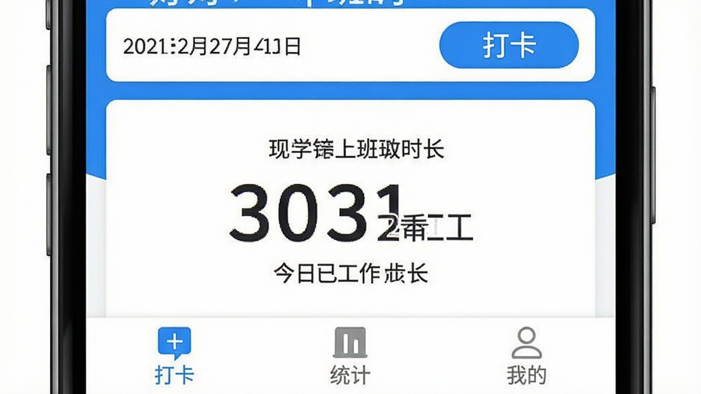 һ���ֻ�Ӧ�ý�ͼ�������ǡ��ú��ϰࡱAPP�����棬����Ϊ���½ṹ��������ʾ��ǰ���ںʹ򿨰�ť���в��ô��������ʾ�����ѹ���ʱ�����ײ��С��򿨡�����ͳ�ơ������ҵġ�����ѡ����������ƽ����������ɫ�����ʸɾ��޶���Ԫ��
