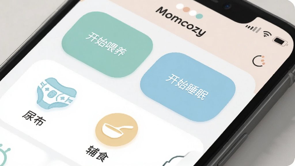 �ֻ���Ļ��д��չʾ��Momcozy��Ӧ�õļ�¼���棬��Ļ����ʾ����ʼι����������ʼ˯�ߡ��ȴ�ť���·��С��򲼡�������ʳ����ͼ�꣬�����࣬ɫ����ͣ�����ִ���ϸ�����������ʸɾ���