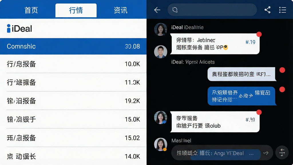 ���壺��iDeal��Ӧ�ù��ܾۺϽ��棬��벿��Ϊ���鱨���б����Ұ벿��Ϊ����Ự�б������֣����ҷ����������С���ҳ���������顱������Ѷ����ǩ���Ű棺��Ϣ�ܶȸߵ���������������������񣺼������磬������ɫ��ϸ�ڣ��б����зָ��ߣ��Ự������δ����㣻���ʣ����壬�޶���Ԫ�ء�