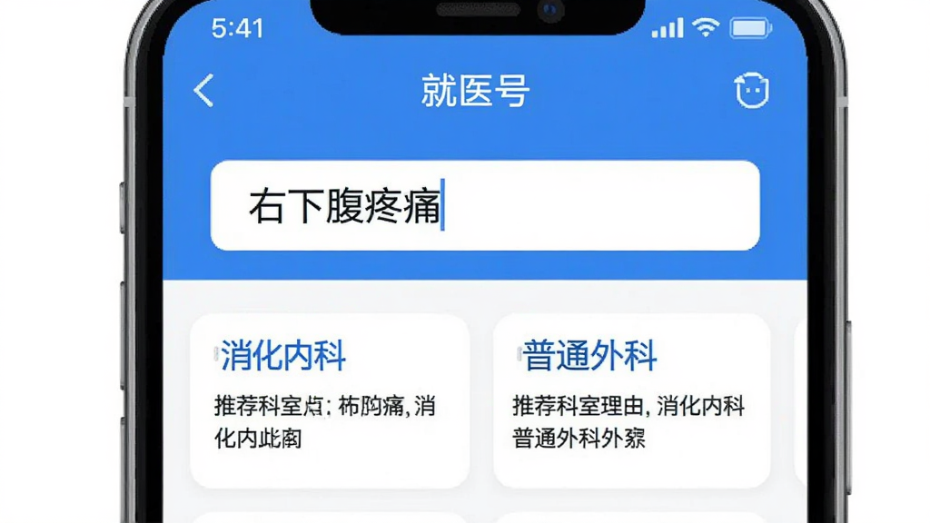 手机屏幕显示“就医号”APP的智能分诊界面,页面中央有一个输入框,输入框内文字“右下腹疼痛”,下方以卡片形式展示推荐科室“消化内科”和“普通外科”,并附有推荐理由,界面简洁清晰,蓝白配色,扁平化设计,画质干净。