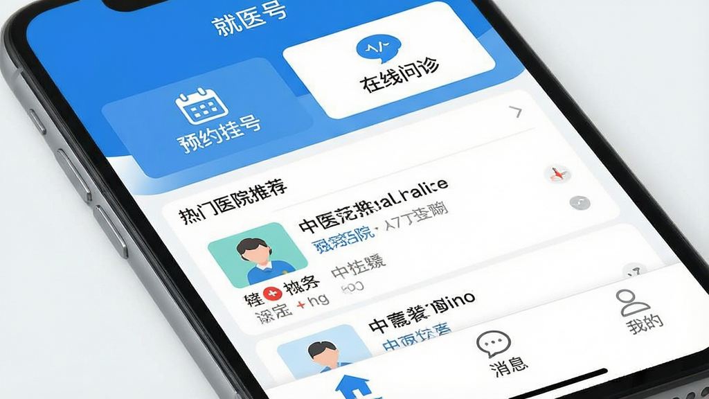 一张智能手机屏幕特写,屏幕中清晰显示“就医号”APP的界面,界面以蓝白为主色调,顶部显示“预约挂号”和“在线问诊”两个主要功能入口,中间是热门医院推荐列表,底部有“首页”、“消息”、“我的”三个选项卡,整体风格简洁现代,扁平化设计,画质干净,无多余元素。