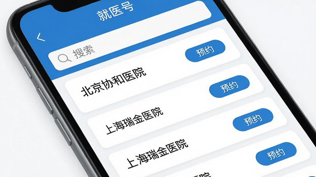 手机屏幕展示“就医号”APP的医院列表页面,页面顶部是搜索框,下方以列表形式展示多家三甲医院名称,如“北京协和医院”、“上海瑞金医院”,每家医院卡片右侧显示“预约”按钮,界面采用蓝白配色,排列整齐,扁平化设计,画质干净清晰。
