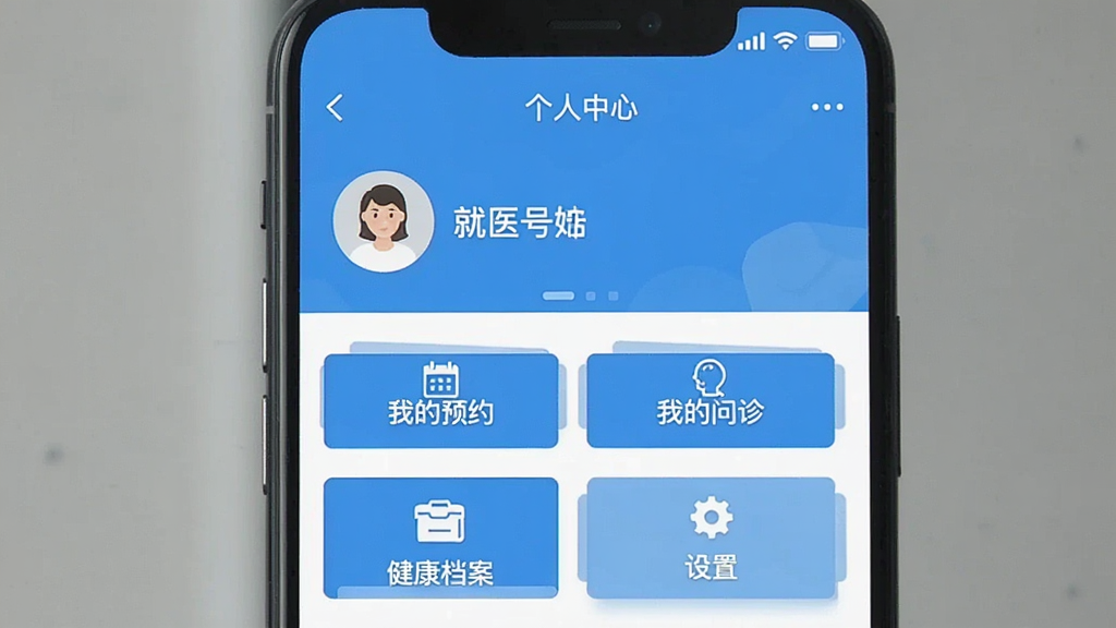 一张手机截图,显示“就医号”APP的个人中心页面,页面顶部是用户头像和姓名,下方有“我的预约”、“我的问诊”、“健康档案”、“设置”等功能入口,界面清晰,蓝白配色,扁平化设计,画质干净。