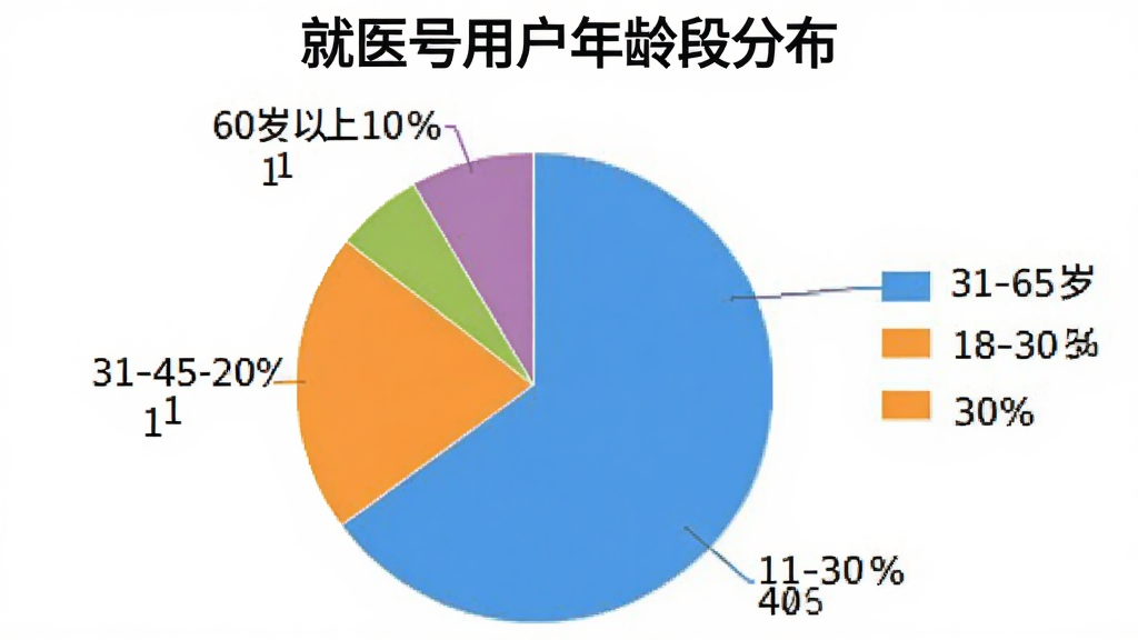 一张饼状图,展示“就医号”用户年龄分布:18-30岁占30%,31-45岁占40%,46-60岁占20%,60岁以上占10%,图表配色清晰,标题为“就医号用户年龄段分布”,背景为白色,画质干净。