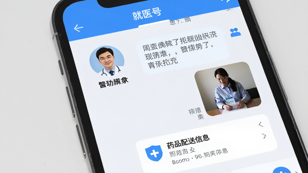 手机屏幕显示“就医号”APP的在线问诊聊天界面,左侧是医生头像和姓名,右侧是患者发送的文字描述和图片,下方有药品配送信息卡片,界面清晰,蓝白配色,对话气泡样式,整体风格简洁,画质干净。
