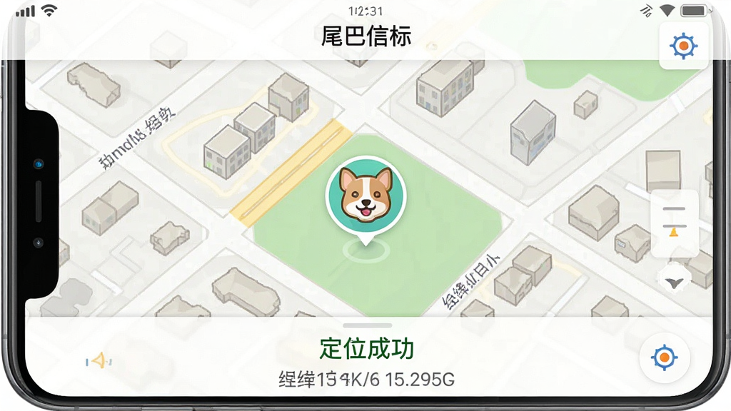 一张手机截图,展示“尾巴信标”APP的实时定位功能,地图上有宠物头像图标,周围有清晰的街道和建筑,界面下方显示“定位成功”和经纬度信息,整体布局简洁,风格写实,细节丰富,画质干净无多余元素。