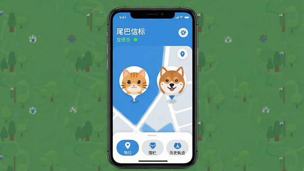 一张展示智能手机屏幕的图片,屏幕中显示“尾巴信标”APP的主界面,一只可爱的橘猫和一只柴犬的头像出现在地图上,地图背景为简约的蓝白风格,界面布局清晰,顶部显示宠物名称和在线状态,底部有定位、围栏、历史轨迹等按钮,整体风格现代扁平,细节丰富,画质干净无多余元素。